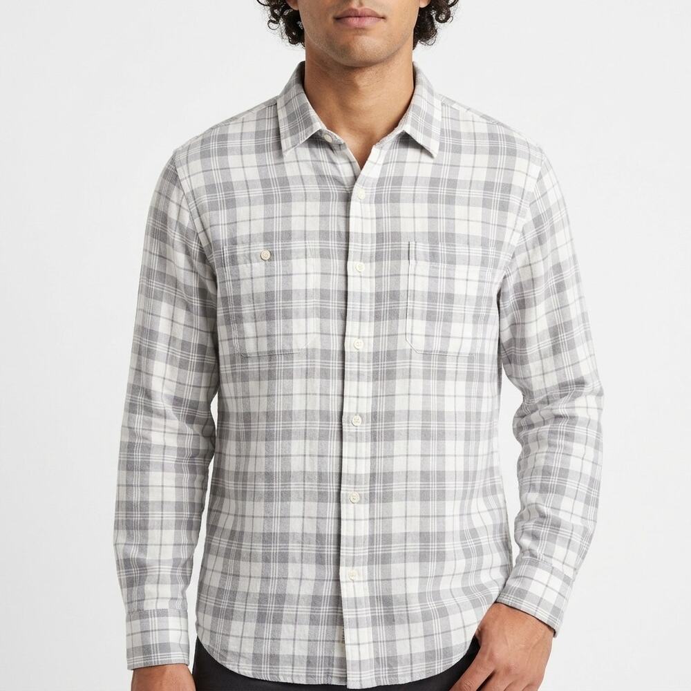 Faherty Organic Cotton  Plaid Long Sleeve Button-Up Shirt Men See Measurements